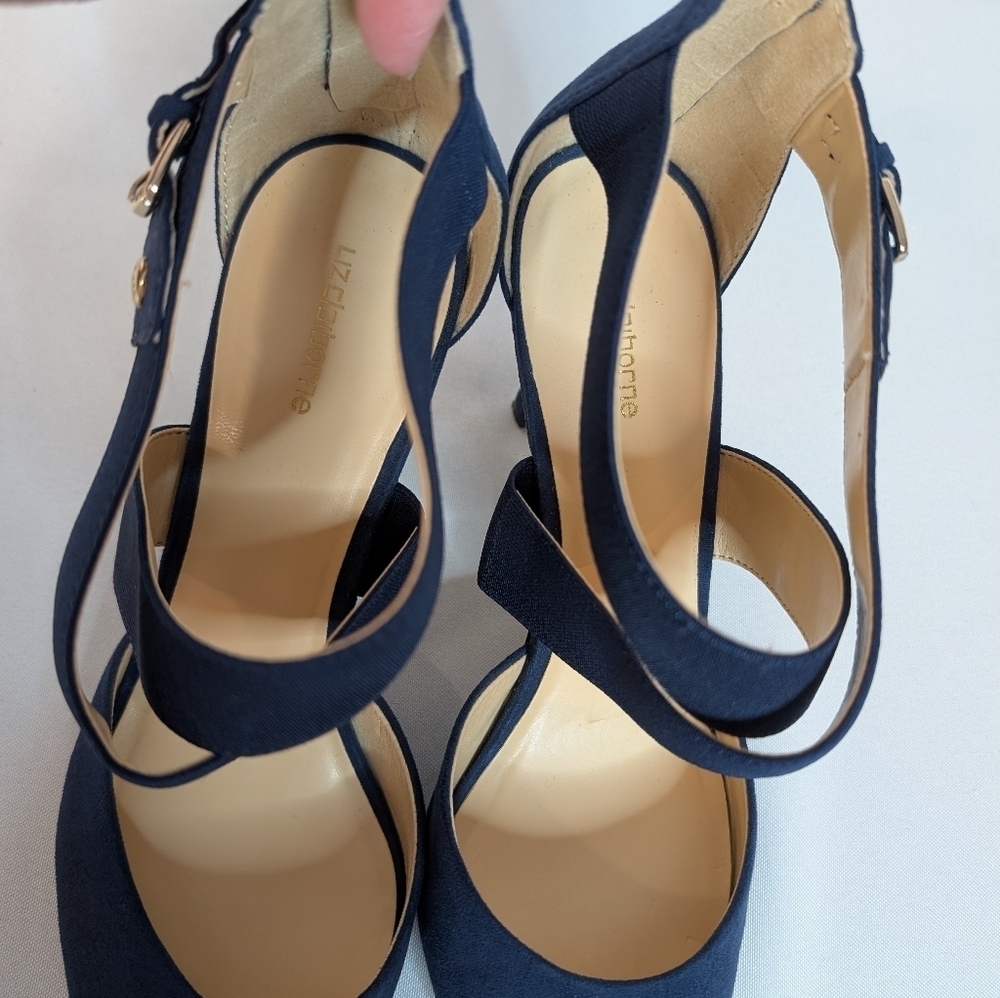 Liz Claiborne Keegan Navy Blue Suede Crossover Strap Stiletto Heels EUC - Picture 3 of 10